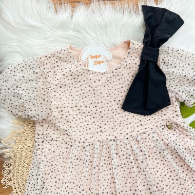 Vestido em Tule Sublimado com Laço - Rose e Preto